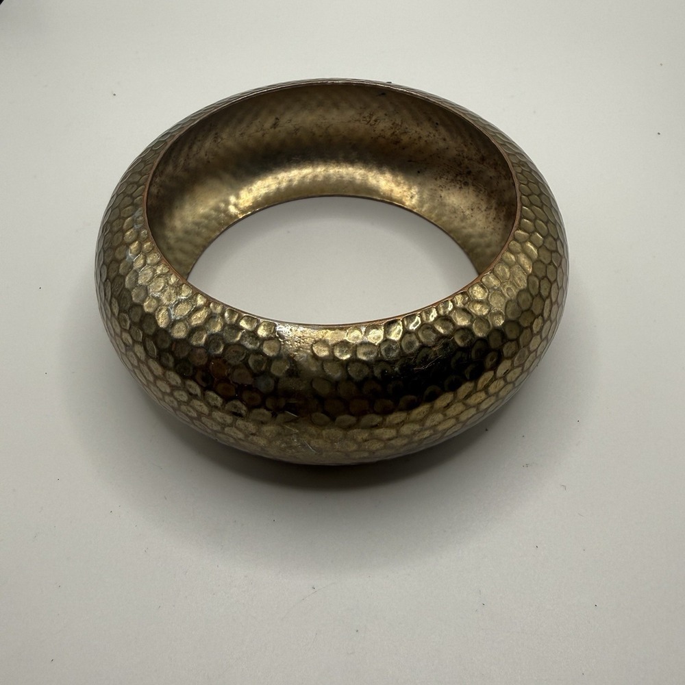 Vintage Hammered Brass Bangle Bracelet Chunky Wide Domed Boho Patina
